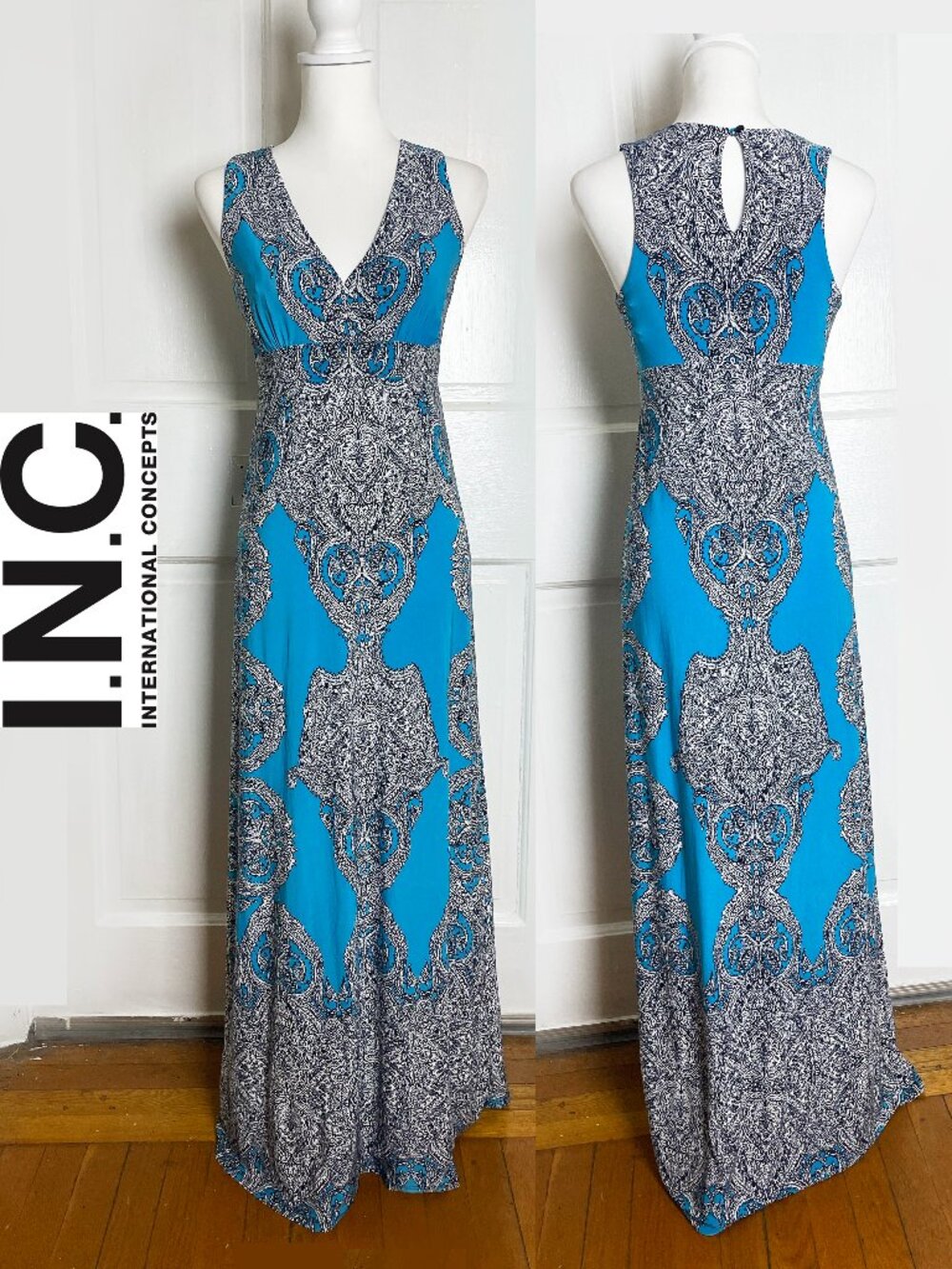 INC International Concepts Teal Paisley Sleeveless Maxi Dress | Size Small | NWT